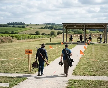 Club de tir sportif en extérieur, transport sécurisé des armes vers le pas de tir