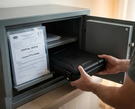 Coffre-fort sécurisé avec licence FFTir et documents CERFA pour la détention d'une arme