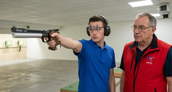 Jeune tireur sportif s'entraînant au pistolet dans un stand de tir FFTir avec un moniteur