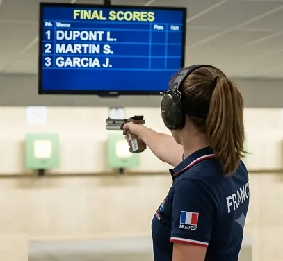 Compétitrice de l'équipe de France de tir sportif lors d'une épreuve
